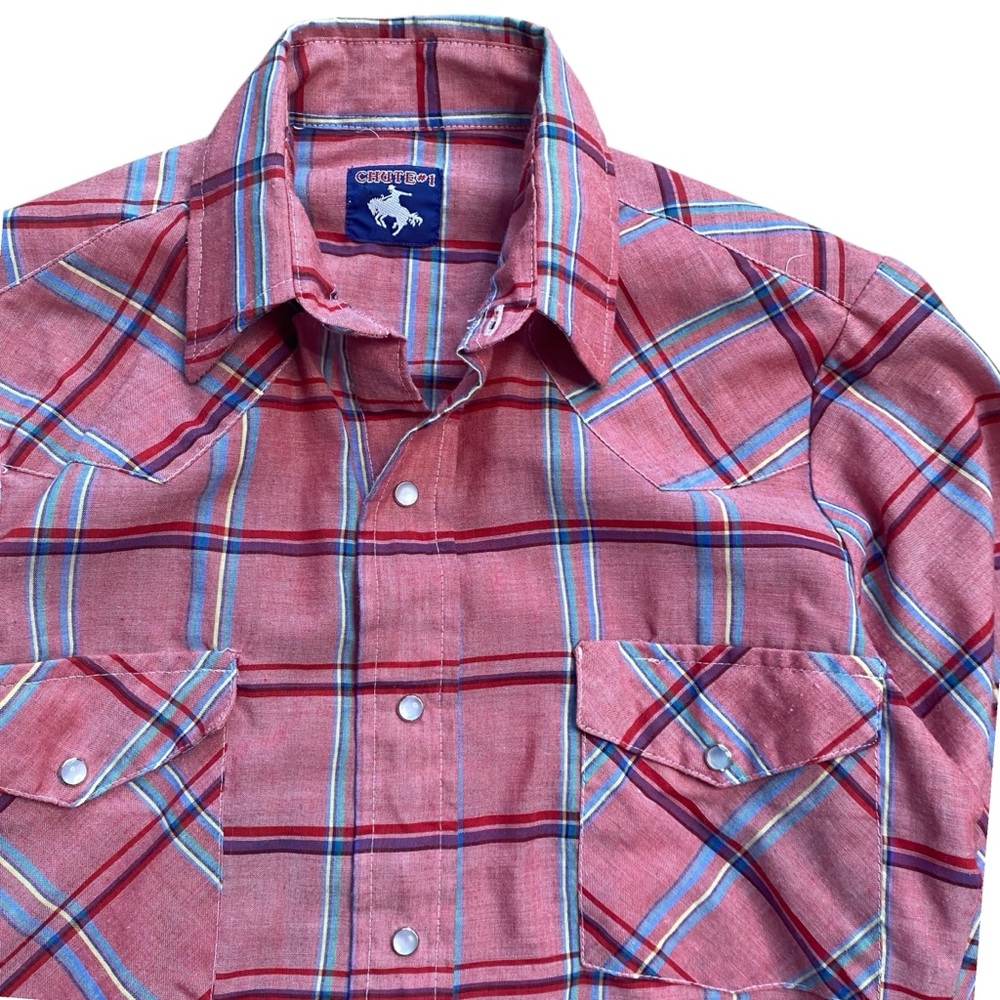 Chute 1 Western Yoke Pearl Snap Shirt Dress Womens Medium VTG Salmon Pink Plaid